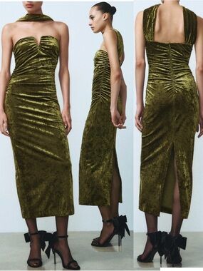 ZARA Olive Green Crushed Velvet Ruched Midi Dress Scarf Neck Size L NWT